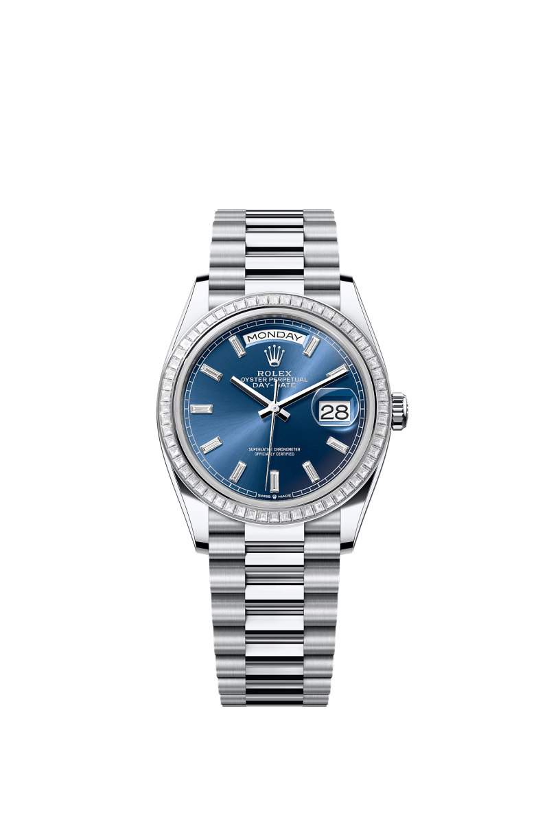 ROLEX DAY-DATE 36MM PLATINUM BLUE DIAMOND BAGUETTE DIAL TRAPEZE DIAMOND BEZEL PRESIDENT BRACELET 128396TBR