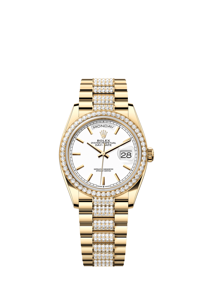 ROLEX DAY-DATE 36MM YELLOW GOLD WHITE INDEX DIAL DIAMOND BEZEL DIAMOND-SET PRESIDENT BRACELET 128348RBR