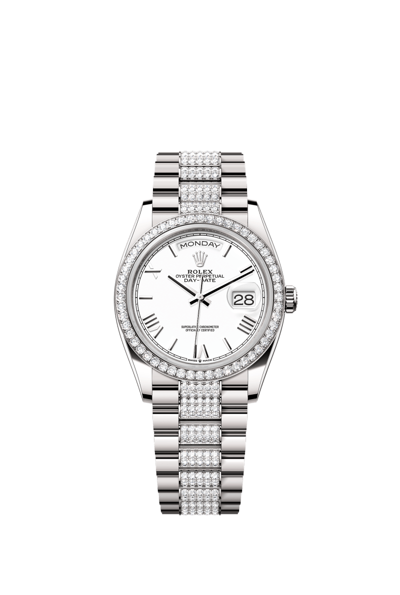 ROLEX DAY-DATE 36MM WHITE GOLD WHITE ROMAN DIAL DIAMOND BEZEL DIAMOND-SET PRESIDENT BRACELET 128349RBR
