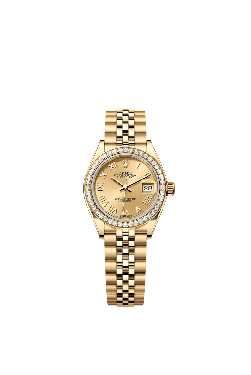 ROLEX LADY-DATEJUST 28MM YELLOW GOLD CHAMPAGNE ROMAN DIAL DIAMOND-SET BEZEL JUBILEE BRACELET 279138RBR