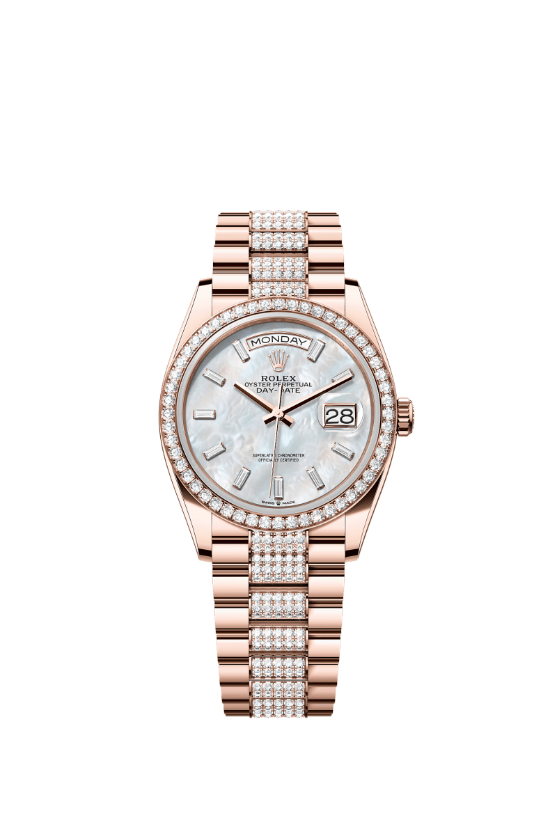 ROLEX DAY-DATE 36MM EVEROSE GOLD MOTHER OF PEARL DIAMOND BAGUETTE DIAL DIAMOND BEZEL DIAMOND-SET PRESIDENT BRACELET 128345RBR