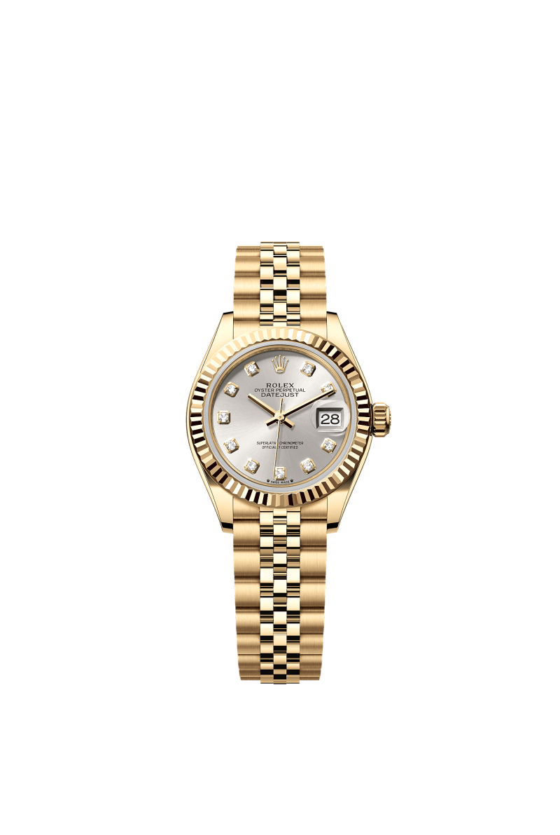 ROLEX LADY-DATEJUST 28MM YELLOW GOLD SILVER DIAMOND DIAL FLUTED BEZEL JUBILEE BRACELET 279178