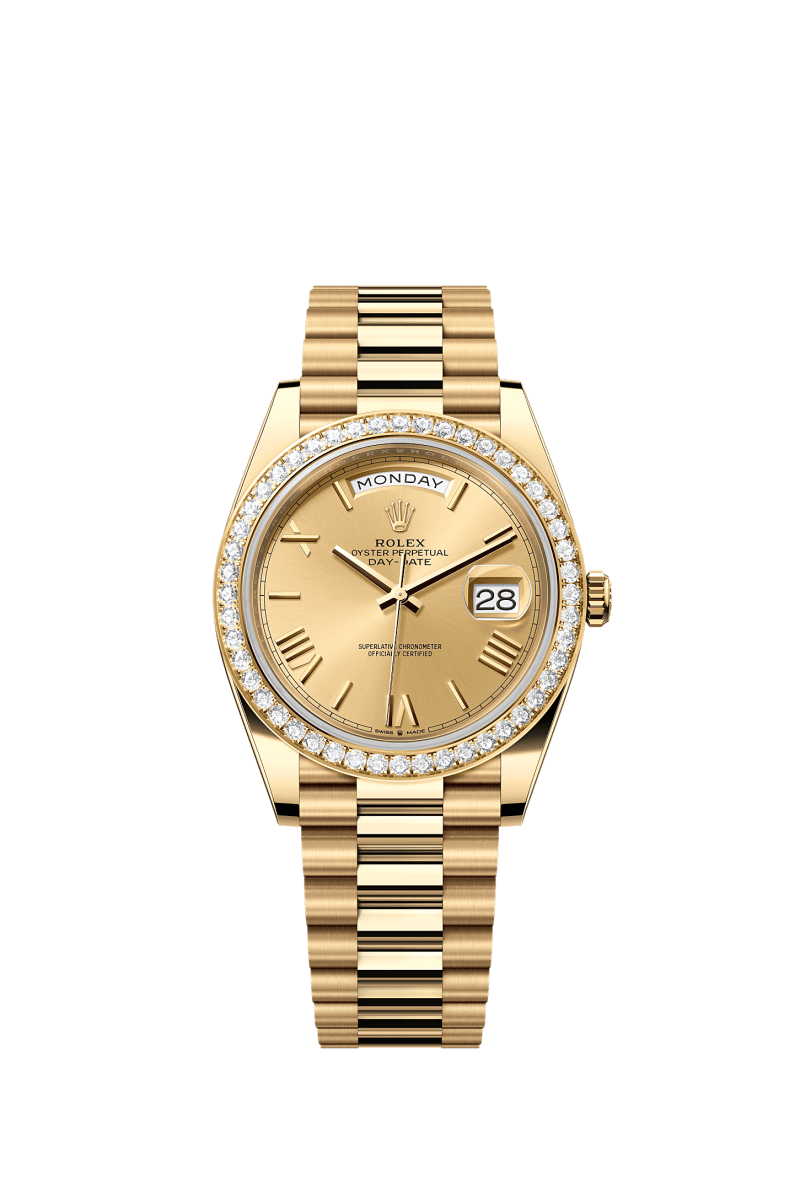 ROLEX DAY-DATE 40MM YELLOW GOLD CHAMPAGNE ROMAN NUMERAL DIAL DIAMOND BEZEL PRESIDENT BRACELET 228348RBR