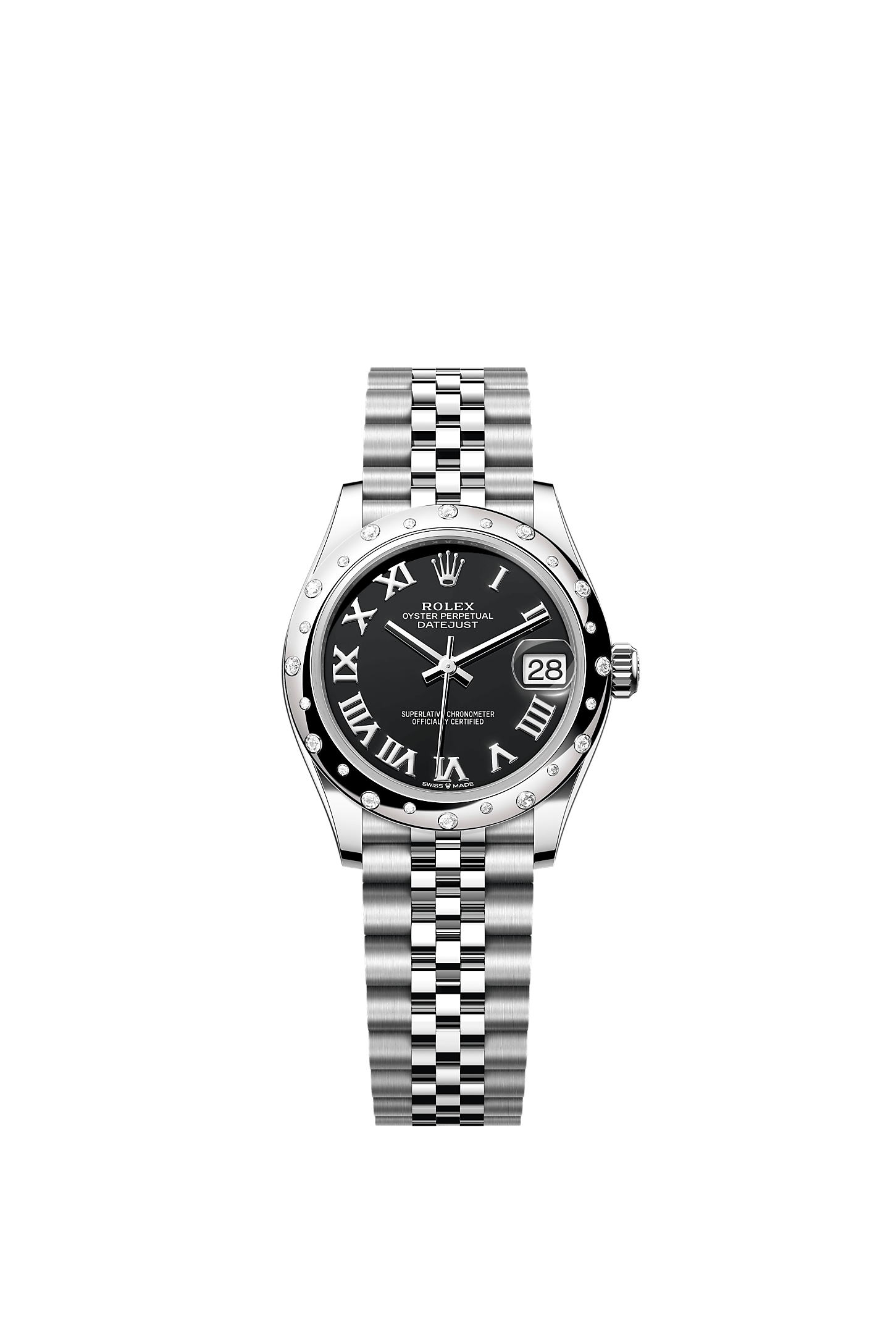 ROLEX LADY-DATEJUST 31MM BLACK ROMAN DIAL DIAMOND-SET SMOOTH DOMED BEZEL JUBILEE BRACELET 278344RBR