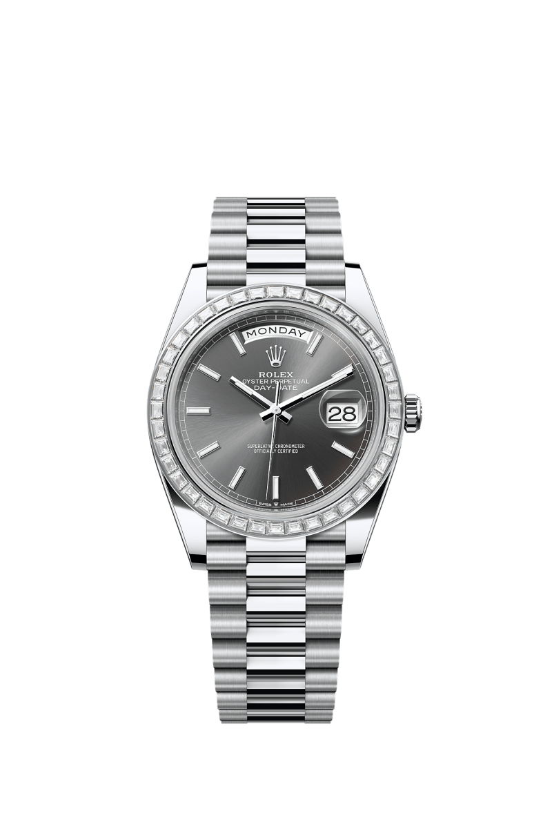 ROLEX DAY-DATE 40MM PLATINUM SLATE INDEX DIAL TRAPEZE DIAMOND BEZEL PRESIDENT BRACELET 228396TBR