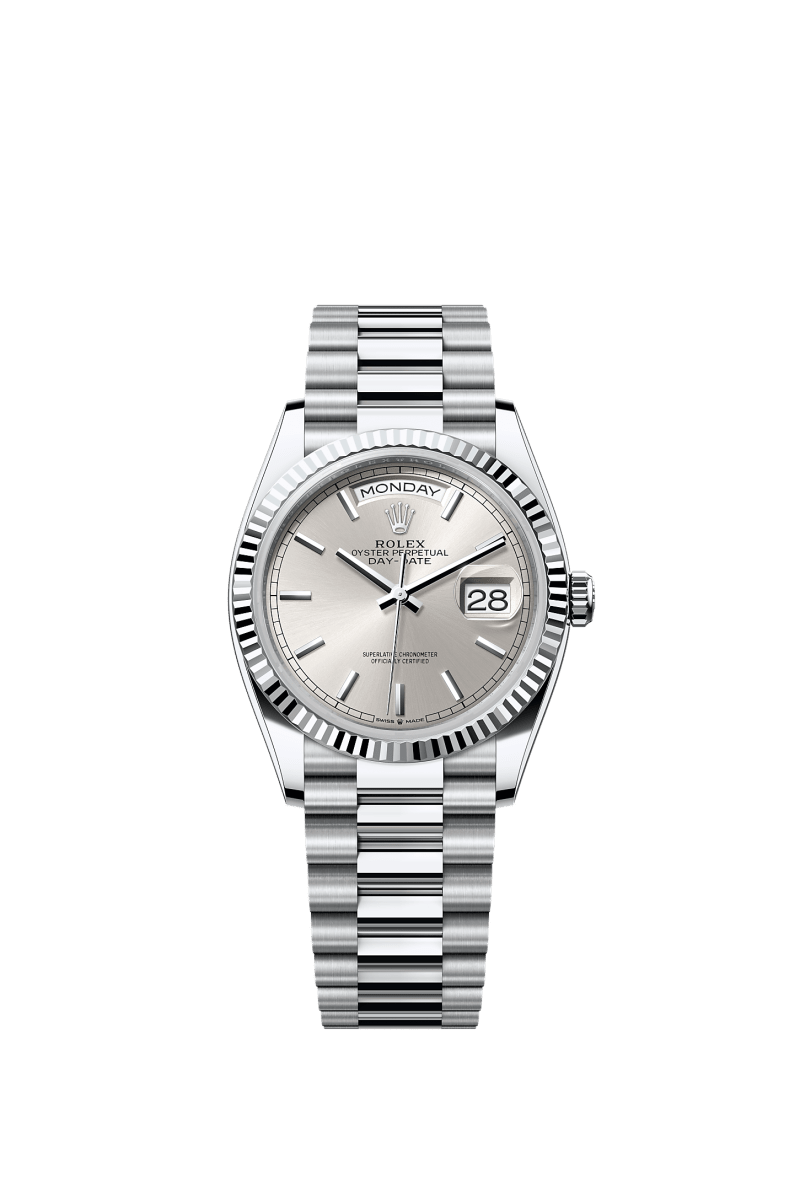 ROLEX DAY-DATE 36MM PLATINUM SILVER INDEX DIAL FLUTED BEZEL PRESIDENT BRACELET 128236