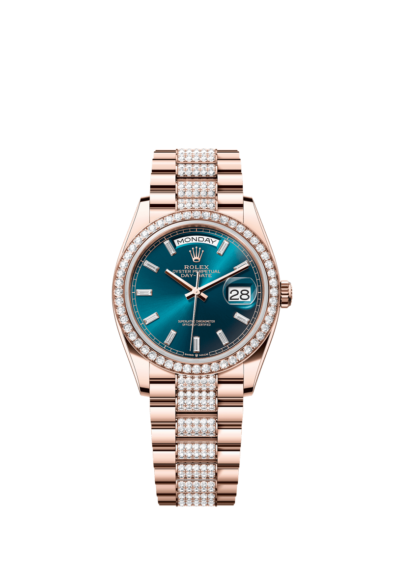 ROLEX DAY-DATE 36MM EVEROSE GOLD BLUE-GREEN DIAMOND BAGUETTE DIAL DIAMOND BEZEL DIAMOND-SET PRESIDENT BRACELET 128345RBR