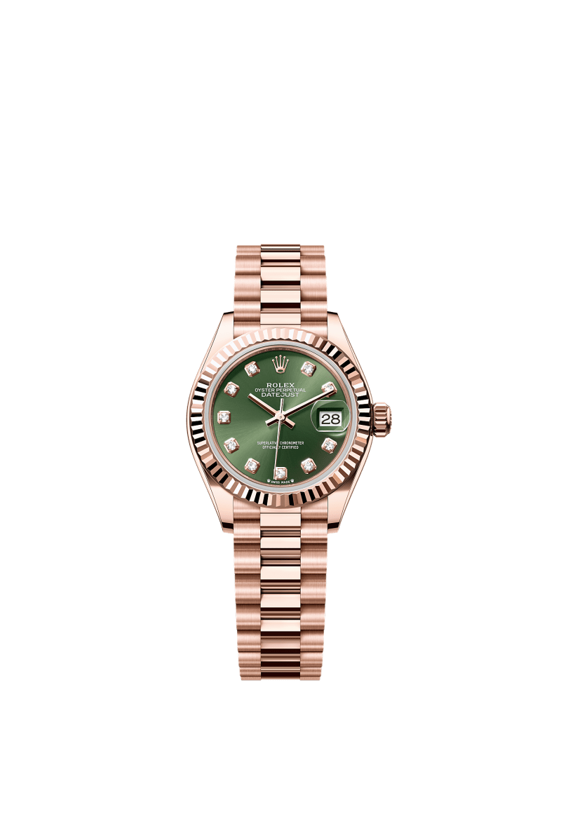 ROLEX LADY-DATEJUST 28MM EVEROSE GOLD OLIVE GREEN DIAMOND DIAL FLUTED BEZEL PRESIDENT BRACELET 279175