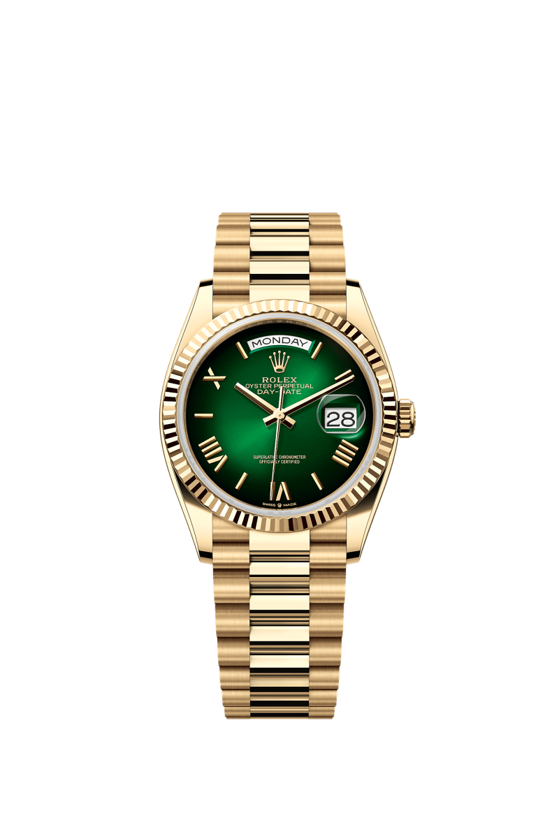 ROLEX DAY-DATE 36MM YELLOW GOLD GREEN OMBRE ROMAN DIAL FLUTED BEZEL PRESIDENT BRACELET 128238