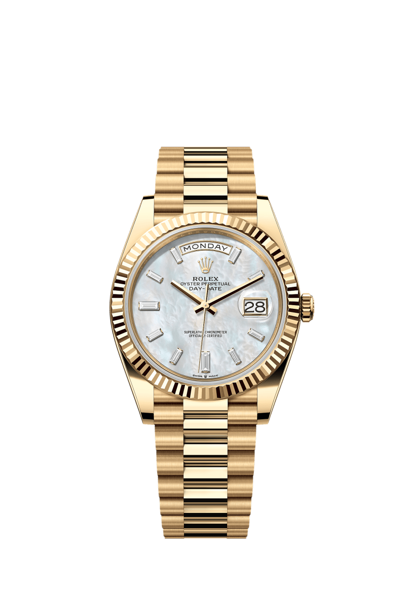 ROLEX DAY-DATE 40MM YELLOW GOLD MOTHER OF PEARL DIAMOND BAGUETTE DIAL FLUTED BEZEL PRESIDENT BRACELET 228238