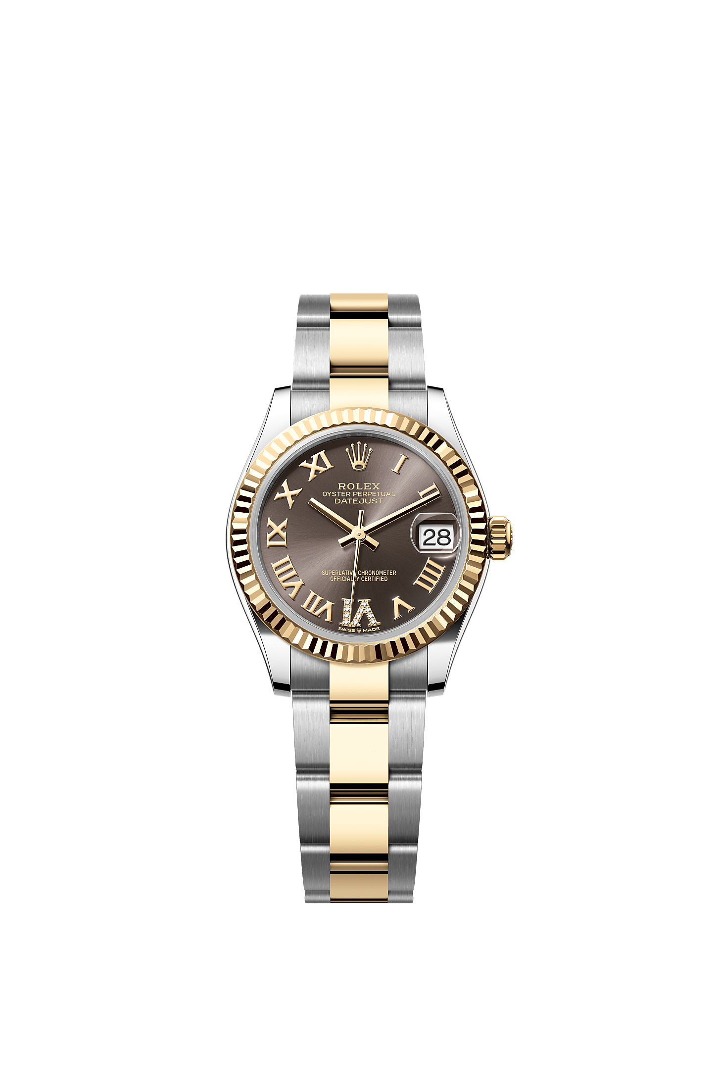 ROLEX LADY-DATEJUST 31MM TWO-TONE YELLOW GOLD DARK GREY ROMAN DIAMOND DIAL FLUTED BEZEL OYSTER BRACELET 278273