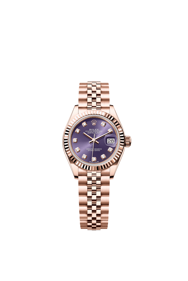 ROLEX LADY-DATEJUST 28MM EVEROSE GOLD AUBERGINE DIAMOND DIAL FLUTED BEZEL JUBILEE BRACELET 279175