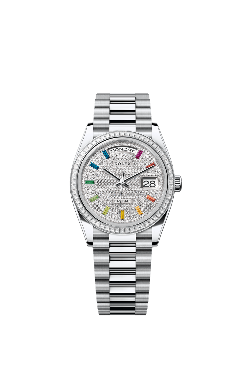 ROLEX DAY-DATE 36MM PLATINUM RAINBOW DIAMOND PAVE DIAL TRAPEZE DIAMOND BEZEL PRESIDENT BRACELET 128396TBR