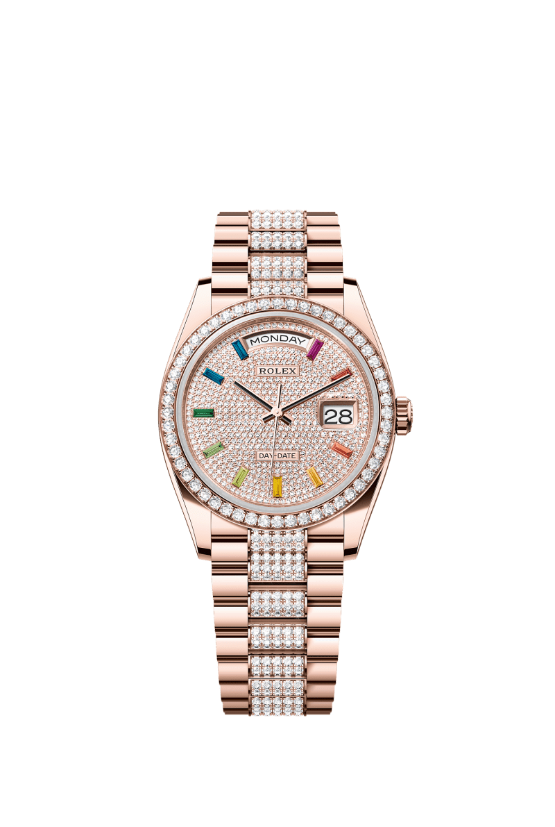 ROLEX DAY-DATE 36MM EVEROSE GOLD RAINBOW DIAMOND PAVE DIAL DIAMOND BEZEL DIAMOND-SET PRESIDENT BRACELET 128345RBR