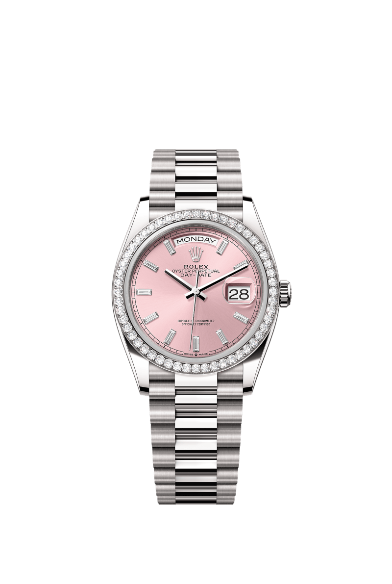 ROLEX DAY-DATE 36MM WHITE GOLD PINK DIAMOND BAGUETTE DIAL DIAMOND BEZEL PRESIDENT BRACELET 128349RBR