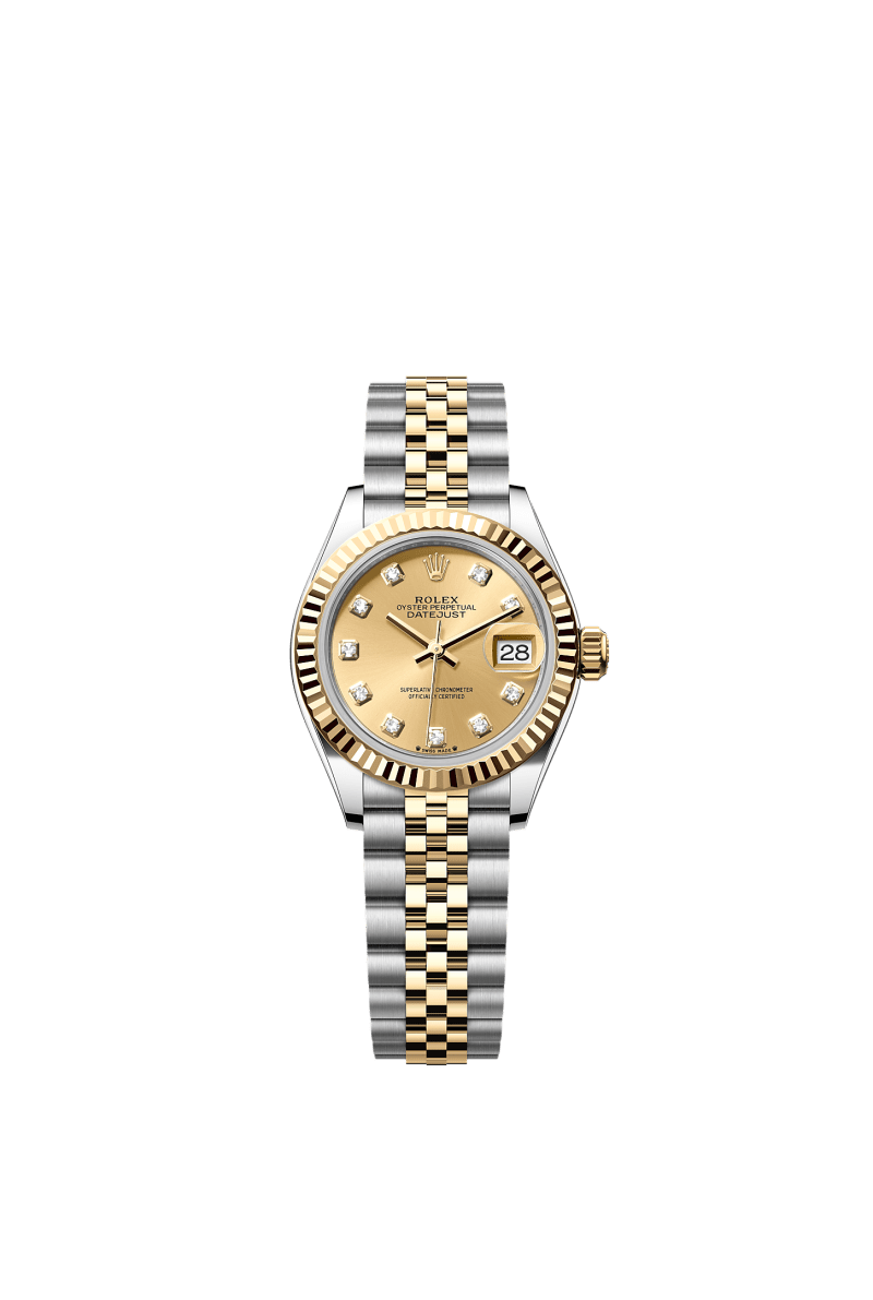 ROLEX LADY-DATEJUST 28MM TWO-TONE YELLOW GOLD CHAMPAGNE DIAMOND DIAL FLUTED BEZEL JUBILEE BRACELET 279173