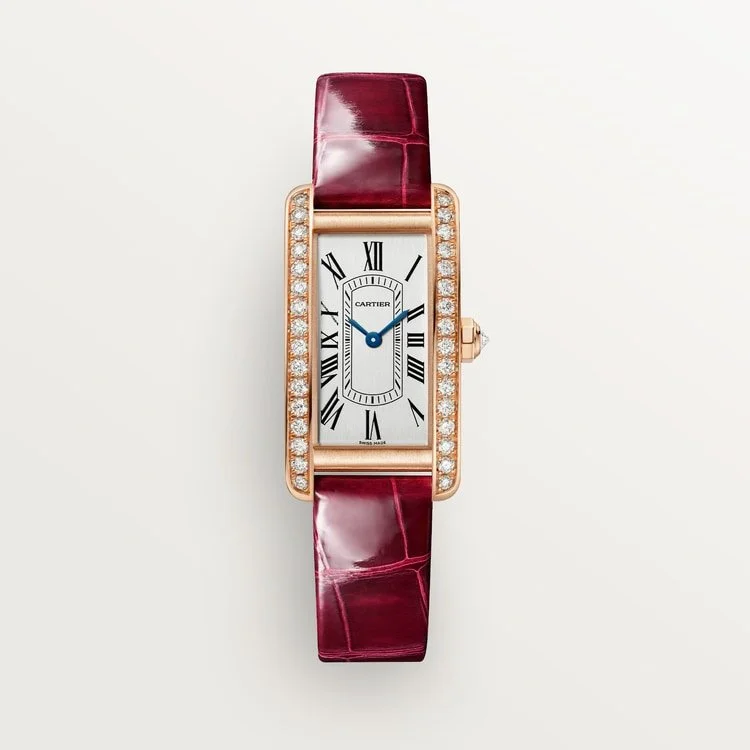 CARTIER TANK AMERICAINE 18K ROSE GOLD DIAMOND-SET SILVERED DIAL RED ALLIGATOR STRAP WJTA0059
