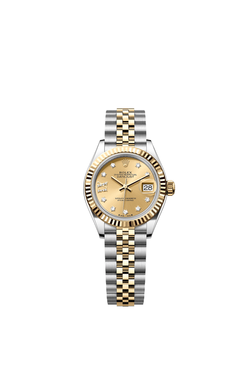 ROLEX LADY-DATEJUST 28MM TWO-TONE YELLOW GOLD CHAMPAGNE STAR DIAMOND DIAL FLUTED BEZEL JUBILEE BRACELET 279173