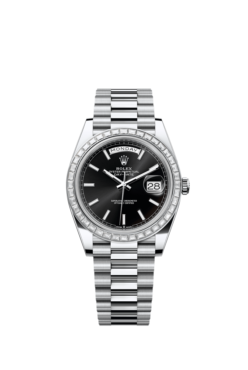 ROLEX DAY-DATE 40MM PLATINUM BLACK INDEX DIAL TRAPEZE DIAMOND BEZEL PRESIDENT BRACELET 228396TBR
