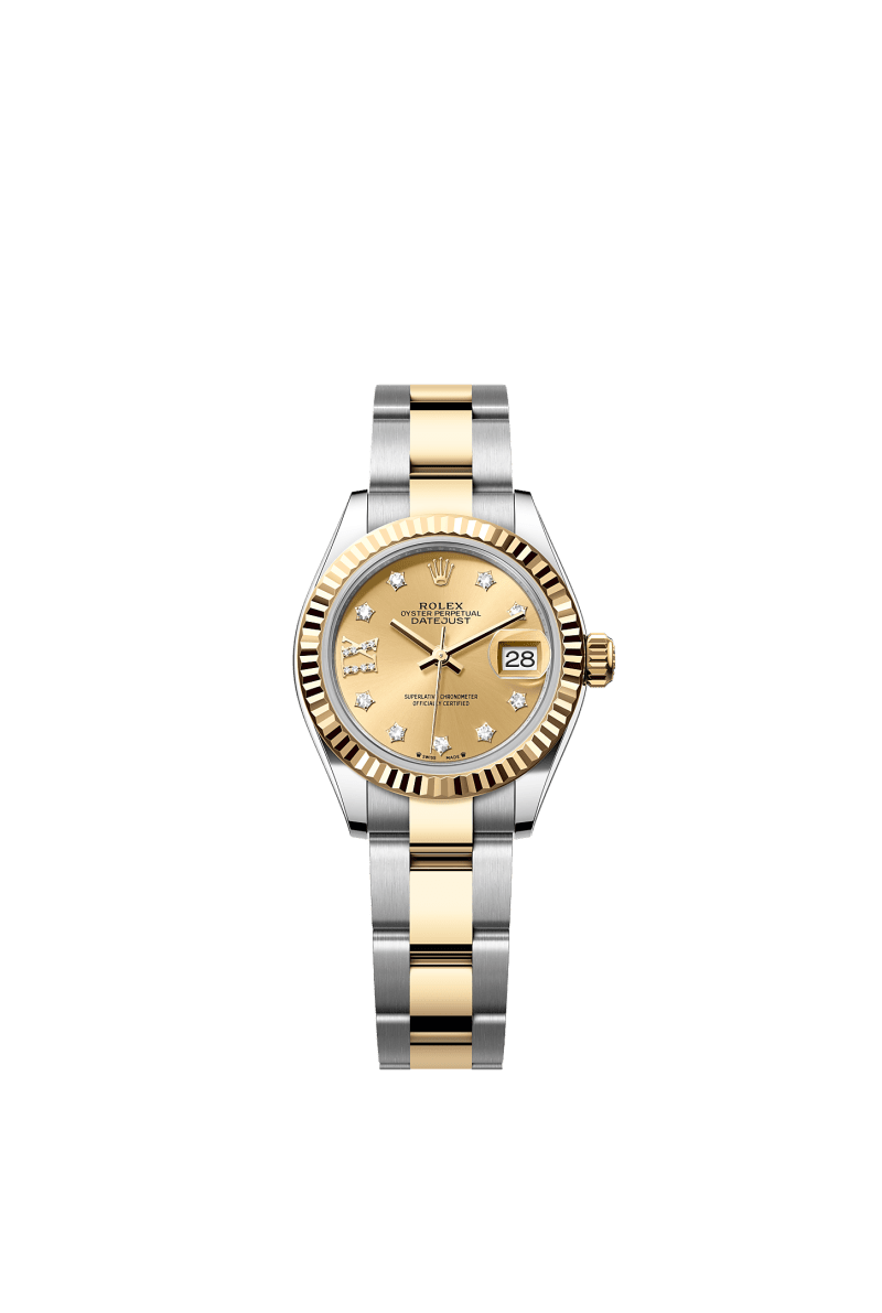 ROLEX LADY-DATEJUST 28MM TWO-TONE YELLOW GOLD CHAMPAGNE STAR DIAMOND DIAL FLUTED BEZEL OYSTER BRACELET 279173