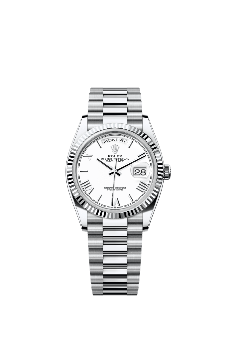 ROLEX DAY-DATE 36MM PLATINUM WHITE ROMAN DIAL FLUTED BEZEL PRESIDENT BRACELET 128236