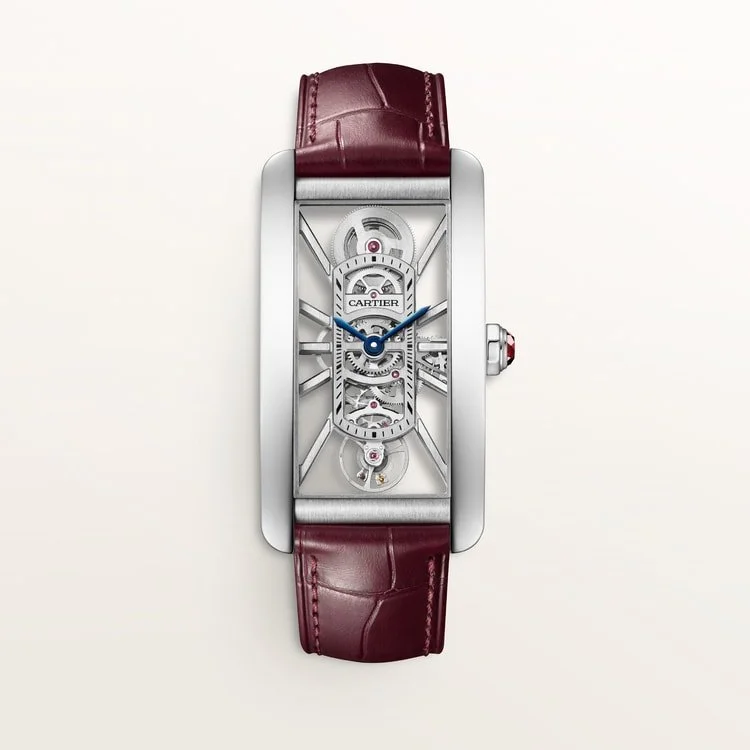 CARTIER TANK AMERICAINE SKELETON PLATINUM BURGUNDY ALLIGATOR STRAP MANUAL WIND WHTA0041