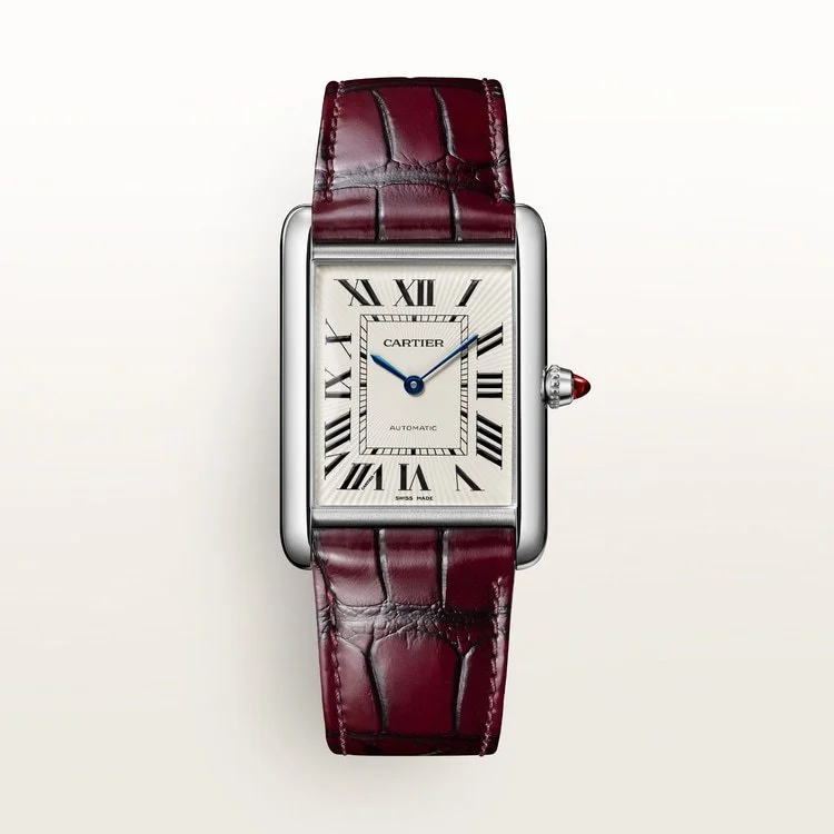 CARTIER TANK LOUIS CARTIER LARGE PLATINUM SILVER DIAL BURGUNDY ALLIGATOR STRAP AUTOMATIC WGTA0373