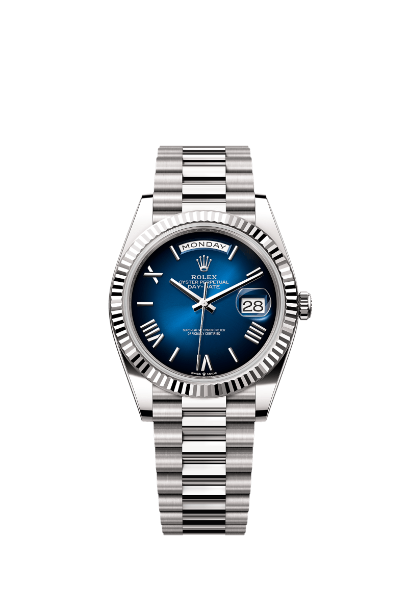 ROLEX DAY-DATE 40MM WHITE GOLD BLUE ROMAN OMBRE DIAL FLUTED BEZEL PRESIDENT BRACELET 228239