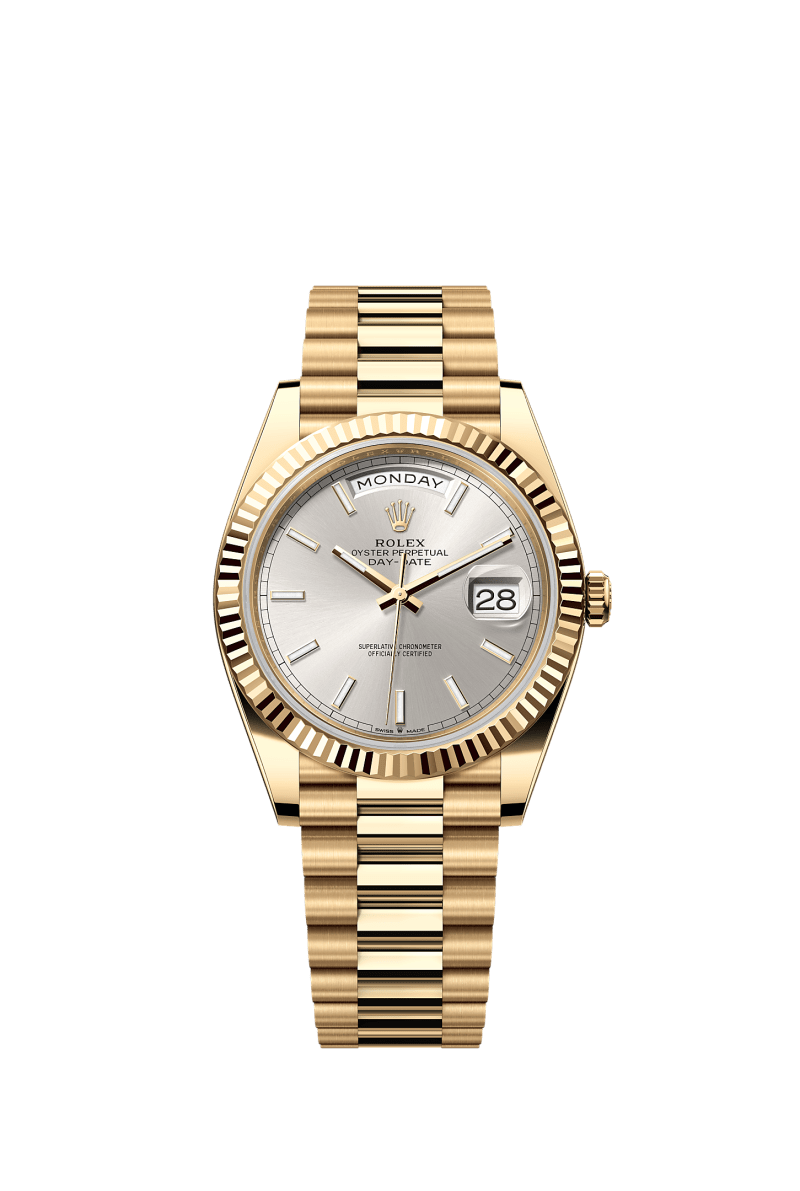 ROLEX DAY-DATE 40MM YELLOW GOLD SILVER INDEX DIAL FLUTED BEZEL PRESIDENT BRACELET 228238