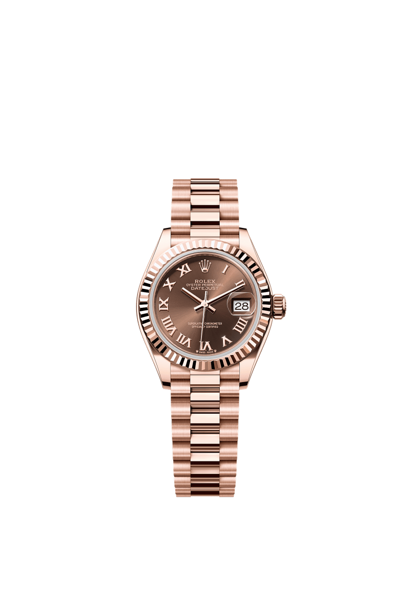 ROLEX LADY-DATEJUST 28MM EVEROSE GOLD CHOCOLATE ROMAN DIAL FLUTED BEZEL PRESIDENT BRACELET 279175