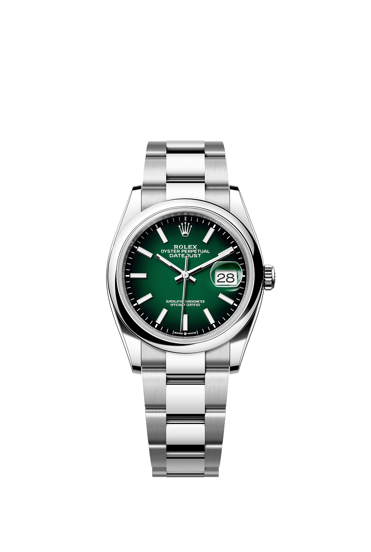 ROLEX DATEJUST 36 GREEN OMBRÉ INDEX DIAL SMOOTH BEZEL OYSTER BRACELET 126200