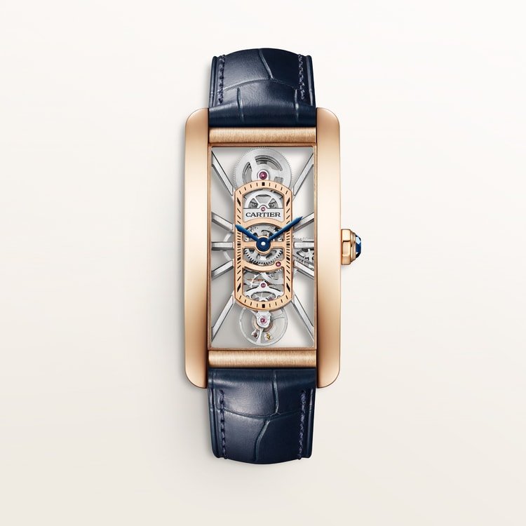 CARTIER TANK AMERICAINE SKELETON 18K ROSE GOLD NAVY BLUE ALLIGATOR STRAP MANUAL WIND WHTA0040