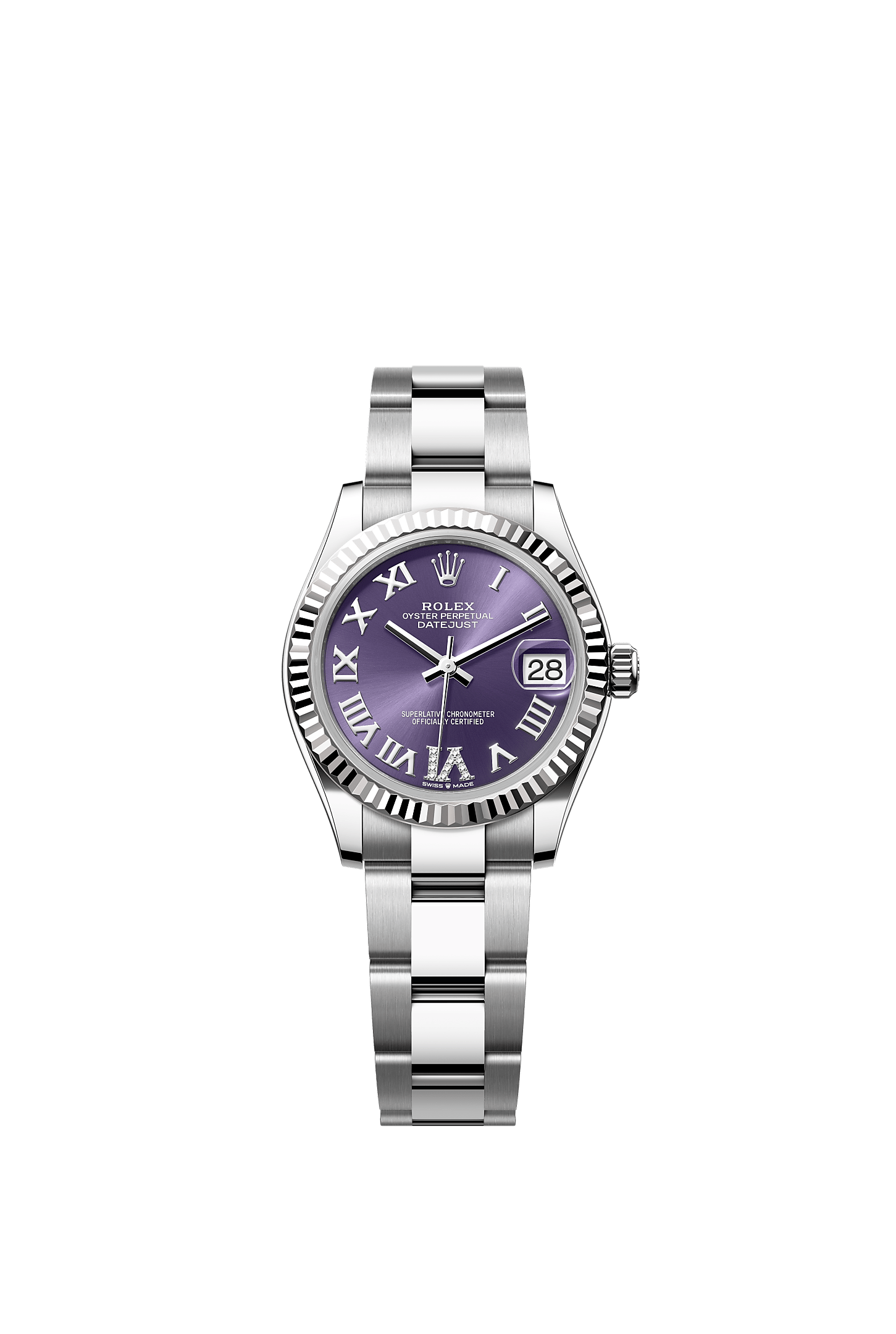 ROLEX LADY-DATEJUST 31MM VIOLET (PURPLE) ROMAN DIAMOND DIAL FLUTED BEZEL OYSTER BRACELET 278274