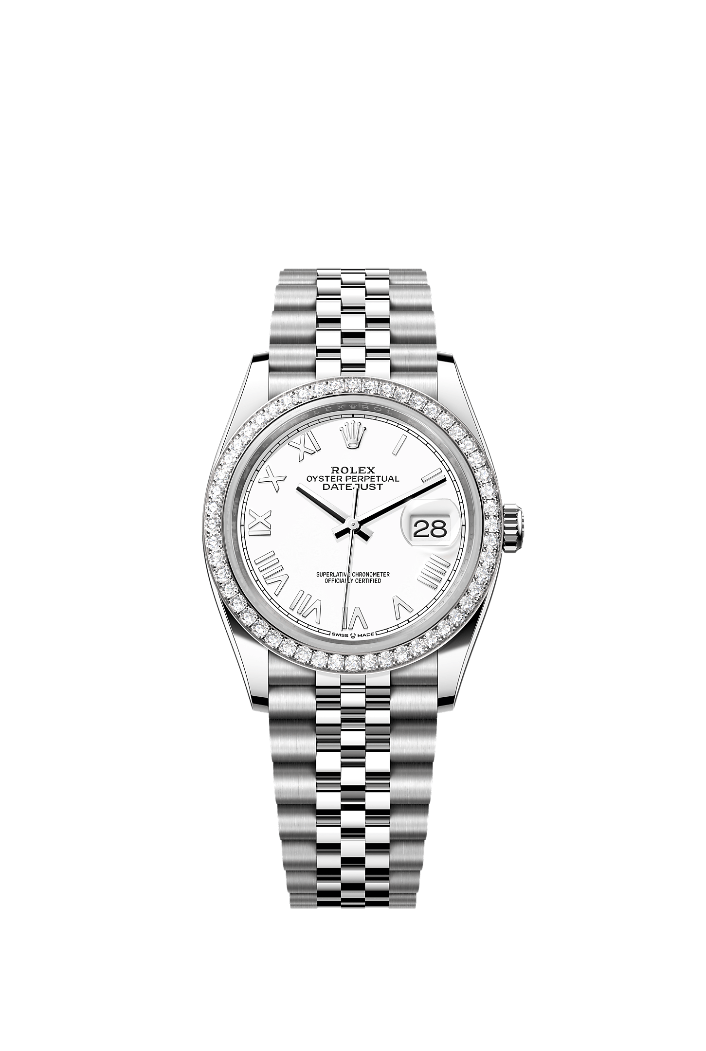ROLEX DATEJUST 36 WHITE ROMAN DIAL DIAMOND BEZEL JUBILEE BRACELET 126284RBR