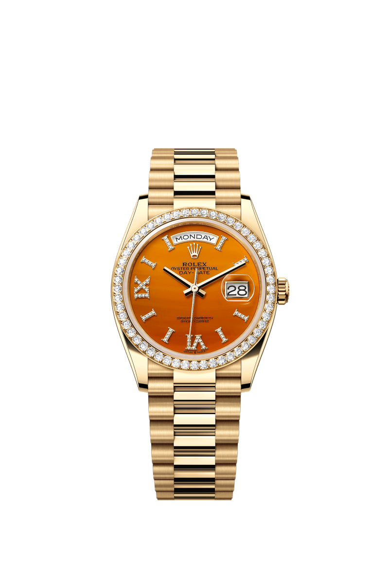 ROLEX DAY-DATE 36MM YELLOW GOLD CARNELIAN ROMAN DIAMOND DIAL DIAMOND BEZEL PRESIDENT BRACELET 128348RBR