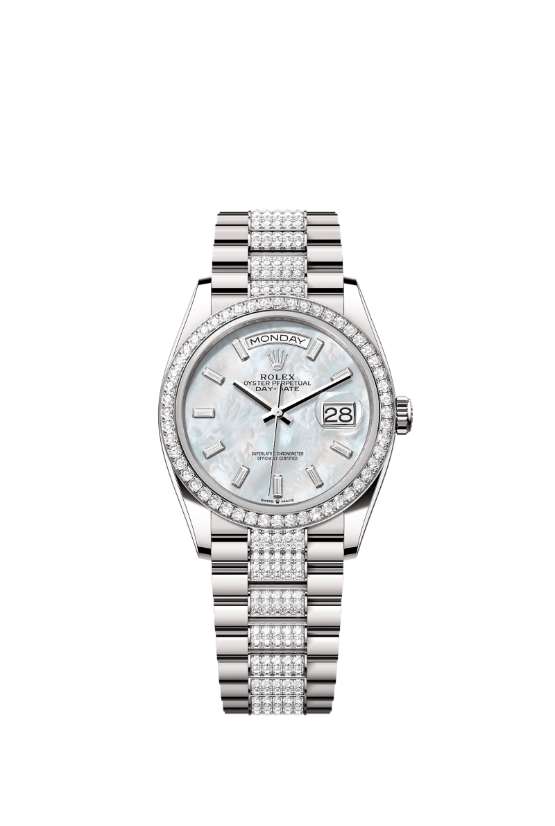 ROLEX DAY-DATE 36MM WHITE GOLD MOTHER OF PEARL DIAMOND BAGUETTE DIAL DIAMOND BEZEL DIAMOND-SET PRESIDENT BRACELET 128349RBR