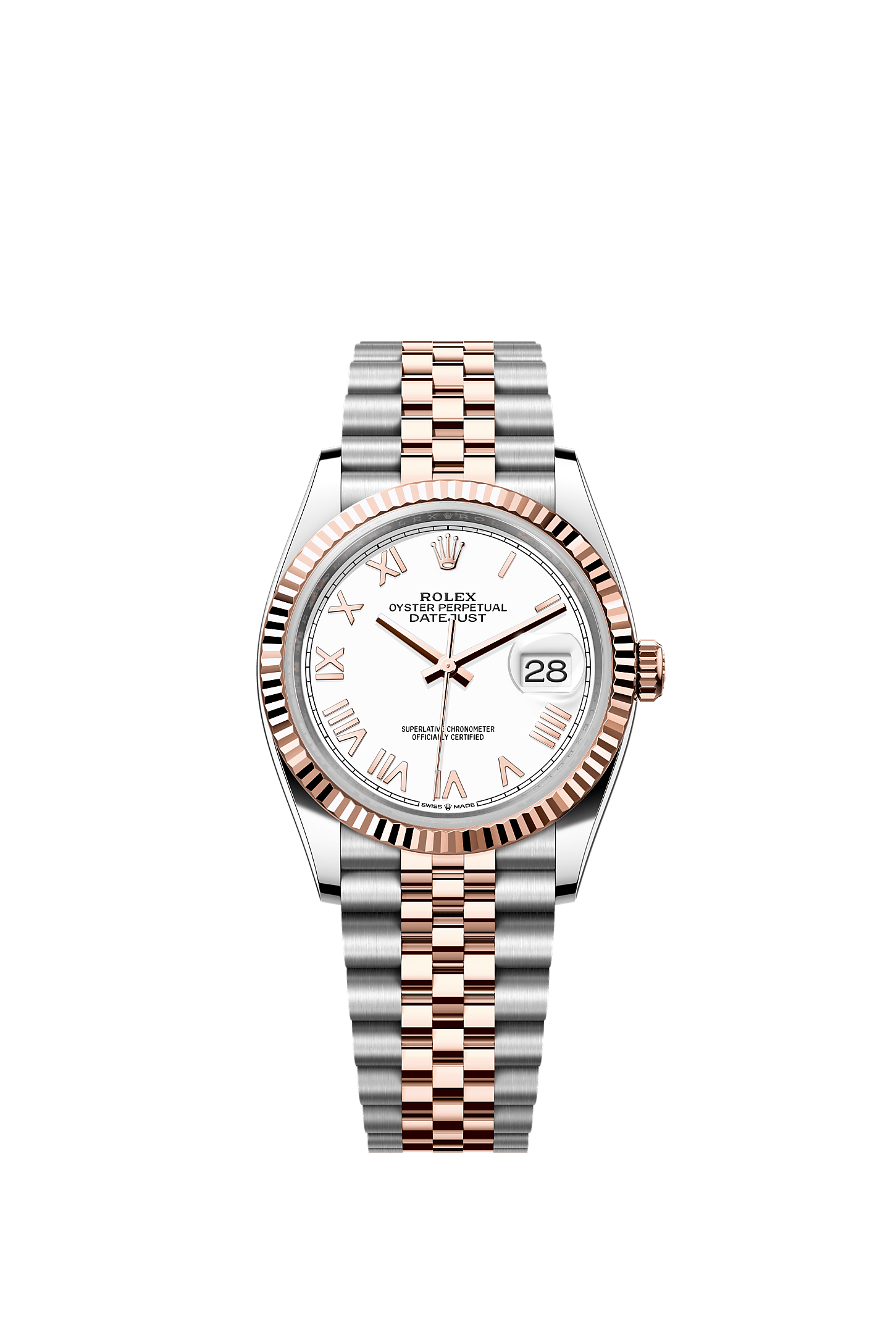 ROLEX DATEJUST 36MM TWO-TONE EVEROSE GOLD WHITE ROMAN DIAL FLUTED BEZEL JUBILEE BRACELET 126231
