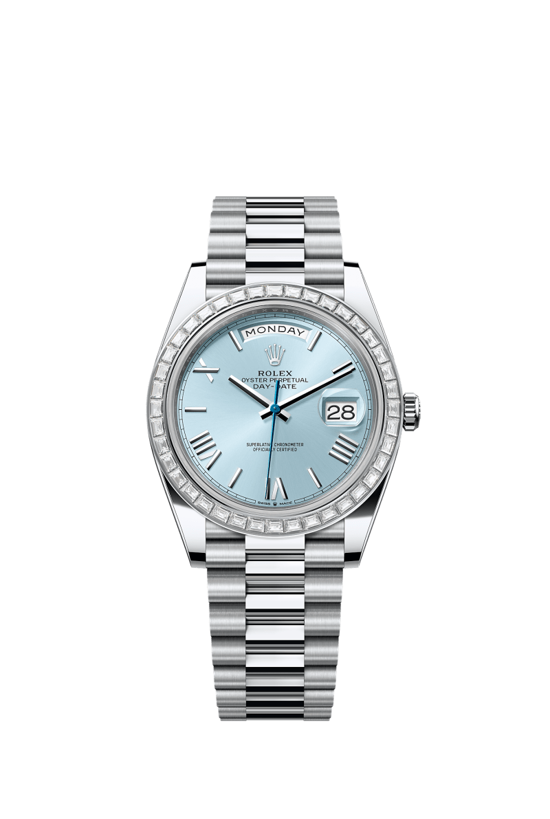 ROLEX DAY-DATE 40MM PLATINUM ICE BLUE ROMAN DIAL TRAPEZE DIAMOND BEZEL PRESIDENT BRACELET 228396TBR