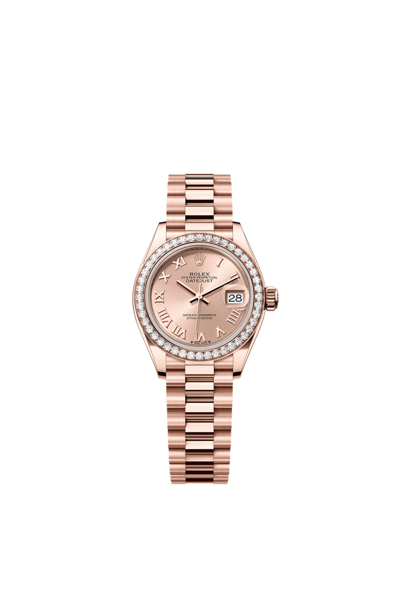 ROLEX LADY-DATEJUST 28MM EVEROSE GOLD ROSE ROMAN DIAL DIAMOND-SET BEZEL PRESIDENT BRACELET 279135RBR