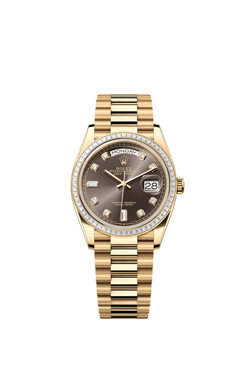 ROLEX DAY-DATE 36MM YELLOW GOLD DARK GREY DIAMOND DIAL TRAPEZE DIAMOND BEZEL PRESIDENT BRACELET 128398TBR