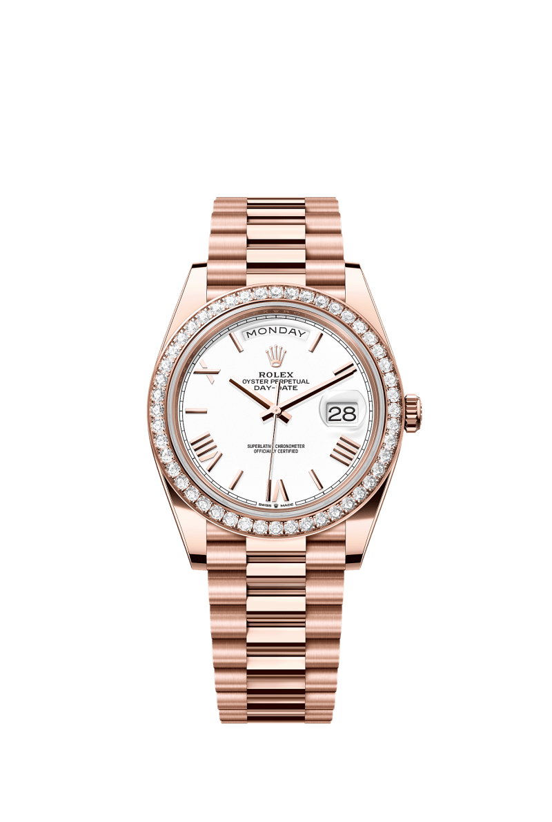ROLEX DAY-DATE 40MM EVEROSE GOLD WHITE ROMAN DIAL DIAMOND BEZEL PRESIDENT BRACELET 228345RBR