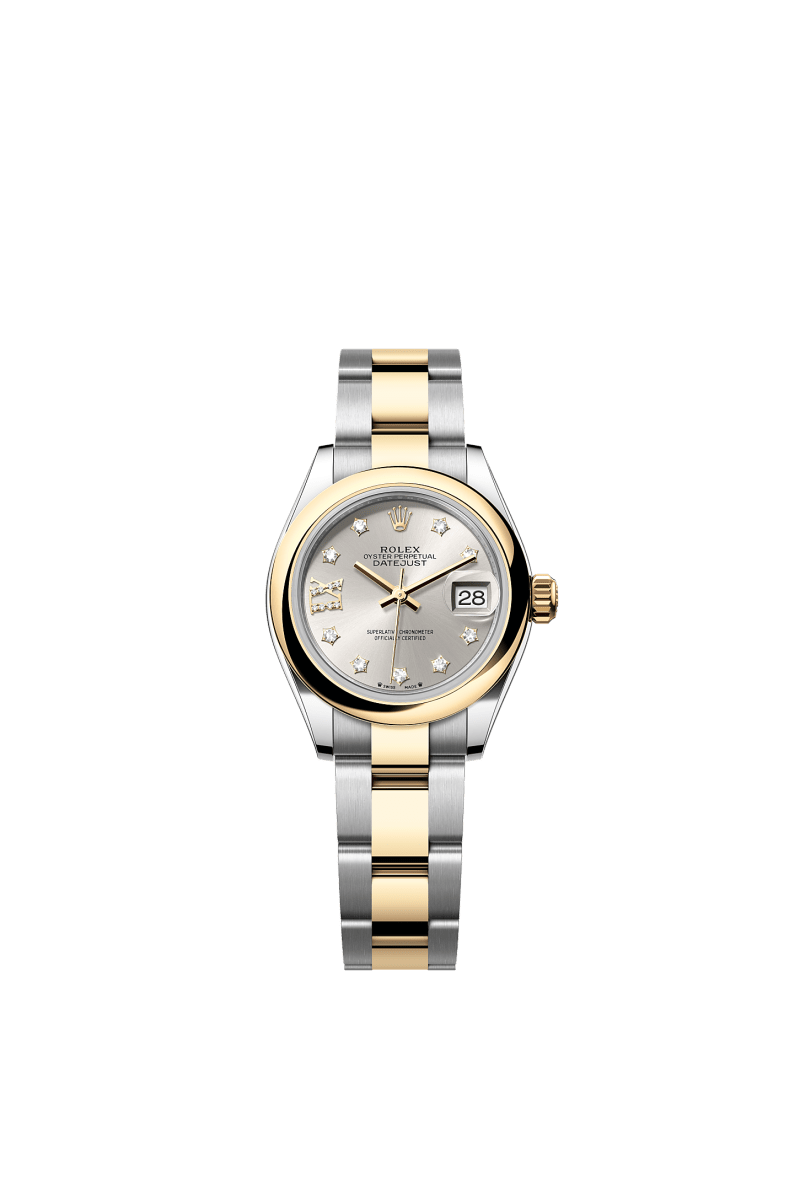 ROLEX LADY-DATEJUST 28MM TWO-TONE YELLOW GOLD SILVER STAR DIAMOND DIAL DOMED BEZEL OYSTER BRACELET 279163