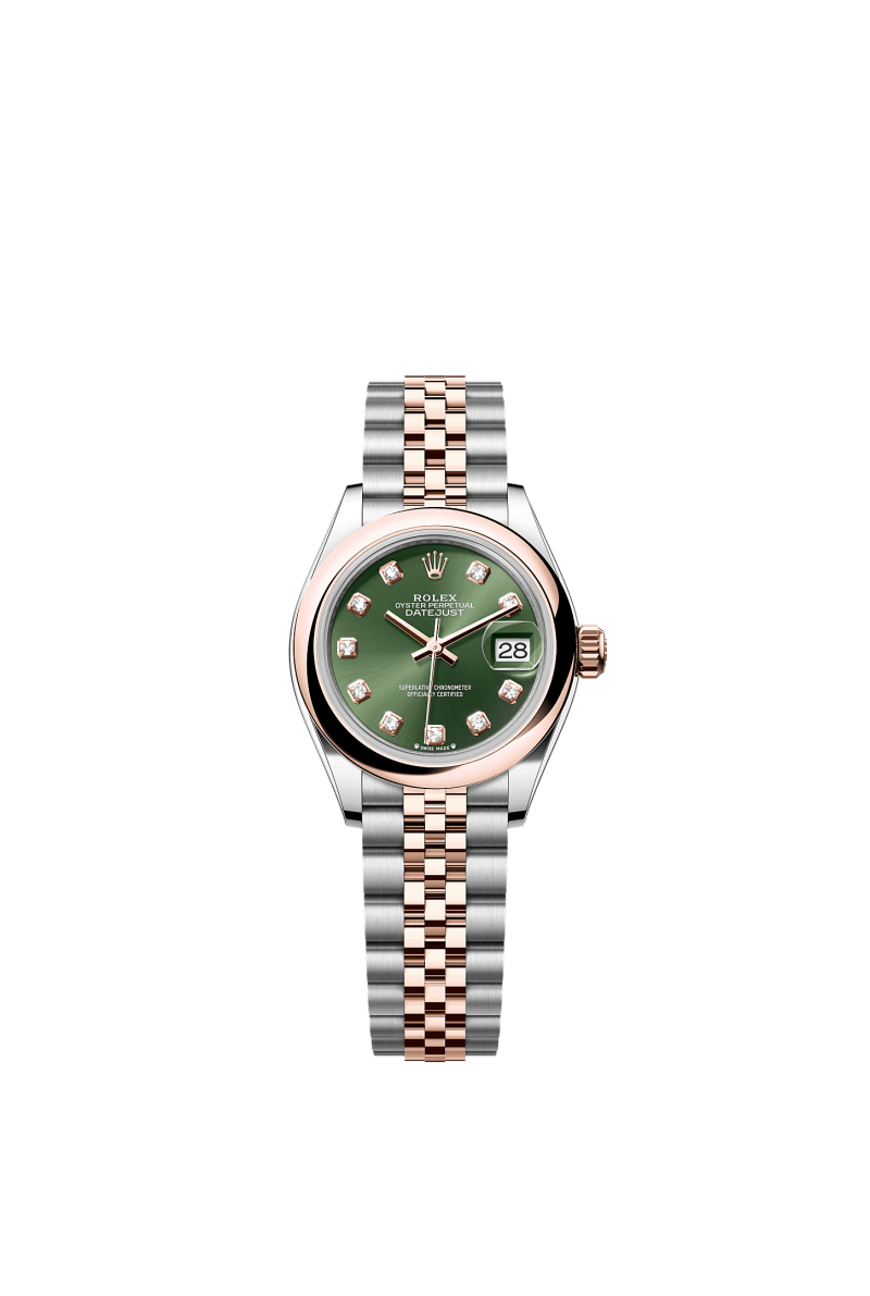 ROLEX LADY-DATEJUST 28MM TWO-TONE EVEROSE GOLD OLIVE GREEN DIAMOND DIAL DOMED BEZEL JUBILEE BRACELET 279161
