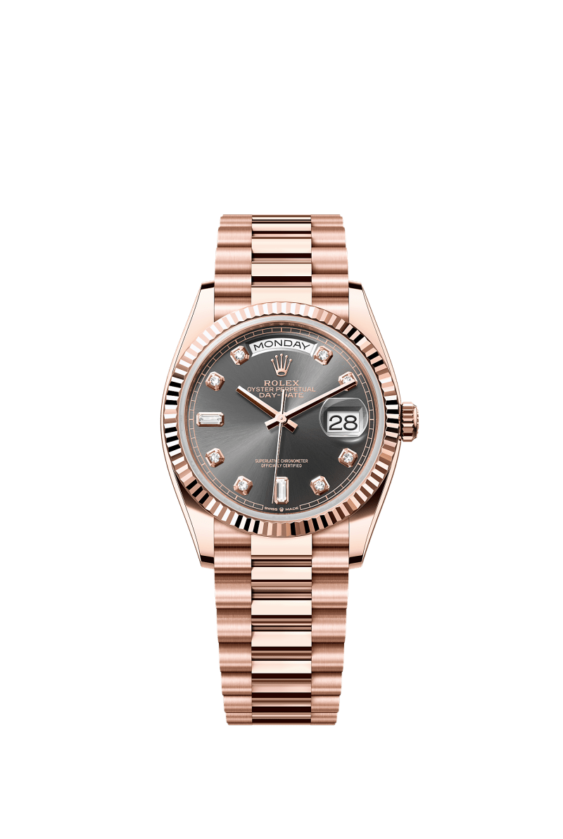 ROLEX DAY-DATE 36MM EVEROSE GOLD RHODIUM DIAMOND DIAL FLUTED BEZEL PRESIDENT BRACELET 128235