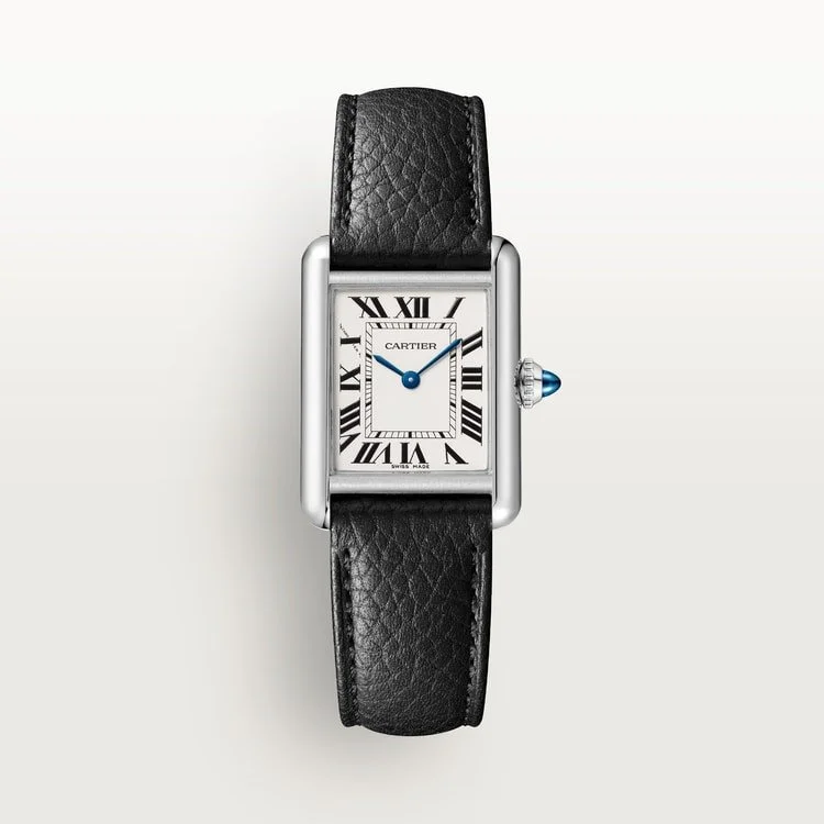 CARTIER TANK MUST SMALL STEEL SILVERED DIAL BLACK CALFSKIN STRAP WSTA0135
