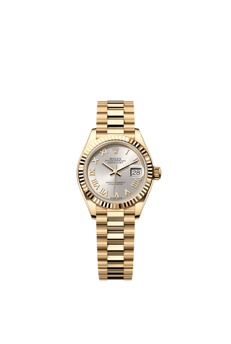 ROLEX LADY-DATEJUST 28MM YELLOW GOLD SILVER ROMAN DIAL FLUTED BEZEL PRESIDENT BRACELET 279178