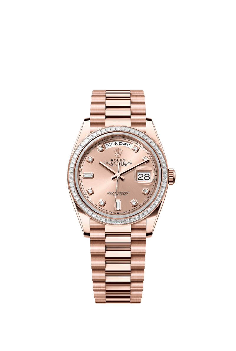 ROLEX DAY-DATE 36MM EVEROSE GOLD ROSE DIAMOND DIAL TRAPEZE DIAMOND BEZEL PRESIDENT BRACELET 128395TBR