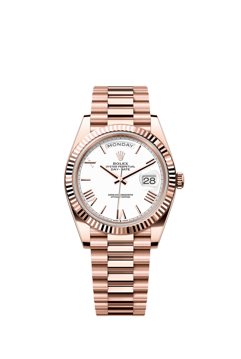 ROLEX DAY-DATE 40MM EVEROSE GOLD WHITE ROMAN DIAL FLUTED BEZEL PRESIDENT BRACELET 228235