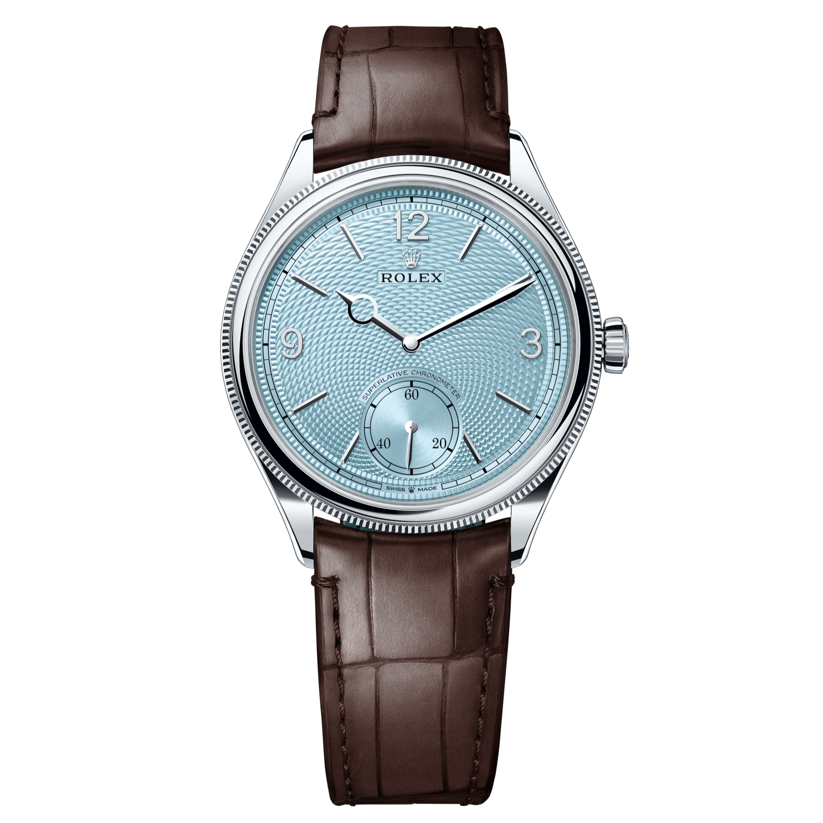 ROLEX 1908 PLATINUM ICE BLUE DIAL BROWN ALLIGATOR STRAP 52506