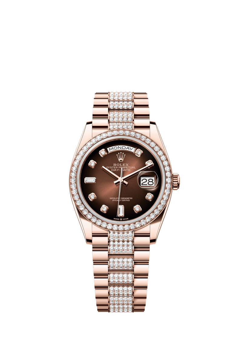 ROLEX DAY-DATE 36MM EVEROSE GOLD BROWN OMBRE DIAMOND DIAL DIAMOND BEZEL PRESIDENT BRACELET 128345RBR